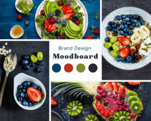 Food Moodboard Collage - Salat mit Gemüse und Früchten, Schüssel Haferflocken mit Früchten, gefüllte Ananas mit Beerenmus und Früchten