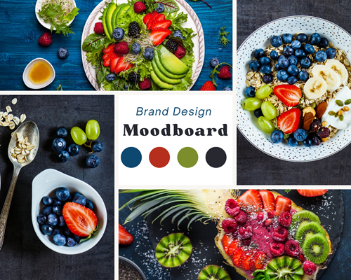 Food Moodboard Collage - Salat mit Gemüse und Früchten, Schüssel Haferflocken mit Früchten, gefüllte Ananas mit Beerenmus und Früchten