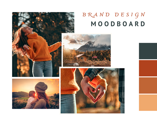 Moodboard Collage in orangen Farben, Frau die nach oben blickt, Frau mit Baby auf dem Arm, Haus in idyllischer Landschaft und 2 Hände von Pärchen, die ein Herz formen