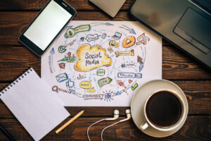 Skizzierung einer Social Media Strategie - Instagram auf einem Schreibtisch.