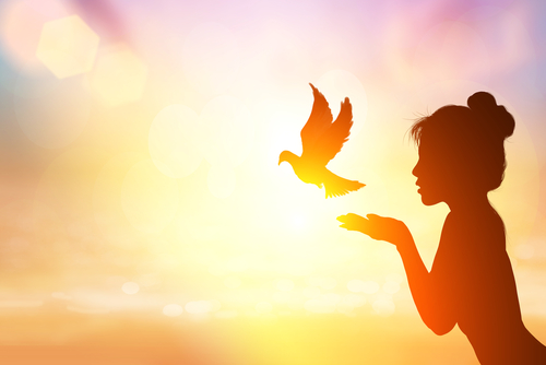 Frau als Schattengestalt vor Sonnenuntergang, sie lässt eine Taube fliegen.