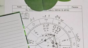 Astrologie Horoskop Radix, ein grünes Blatt und ein Block mit Stift