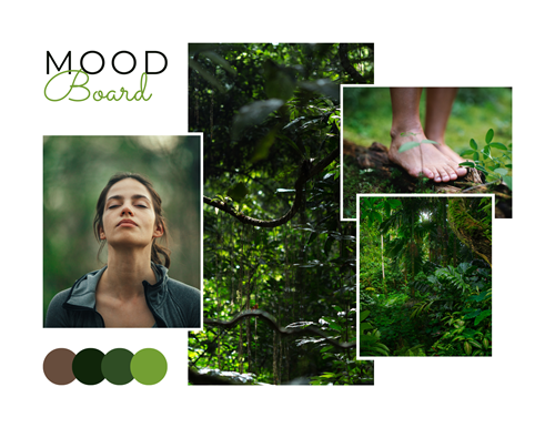 Grüne Moodboard Collage - Waldaufnahmen, Frau mit geschlossenen Augen und Füße die auf Baumstamm stehen.