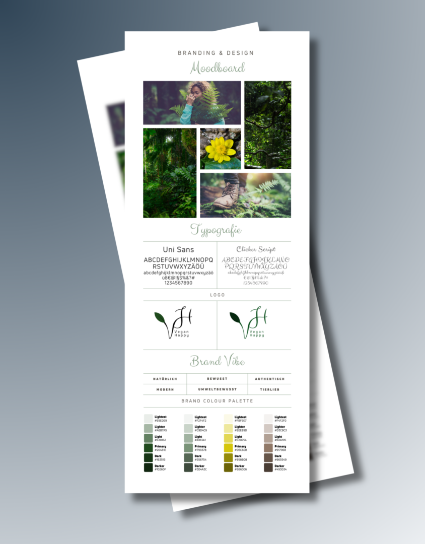 Moodboard mit Personal Brand Design von Vegan Happy - Collage von Naturbilder und Frau, Logo von Vegan Happy, Farbpalette und Schriftart