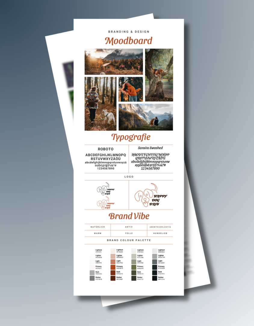 Moodboard mit Personal Brand Design von Hundetrainer - Collage von Naturbilder, mit Hund und Frau, Logo von Hund, Farbpalette und Schriftart